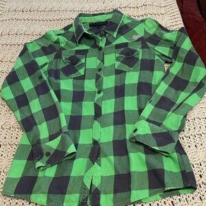 Fox Girls Green & Black Plaid Long Sleeve Flannel Shirt L 100% Cotton Made In Ch